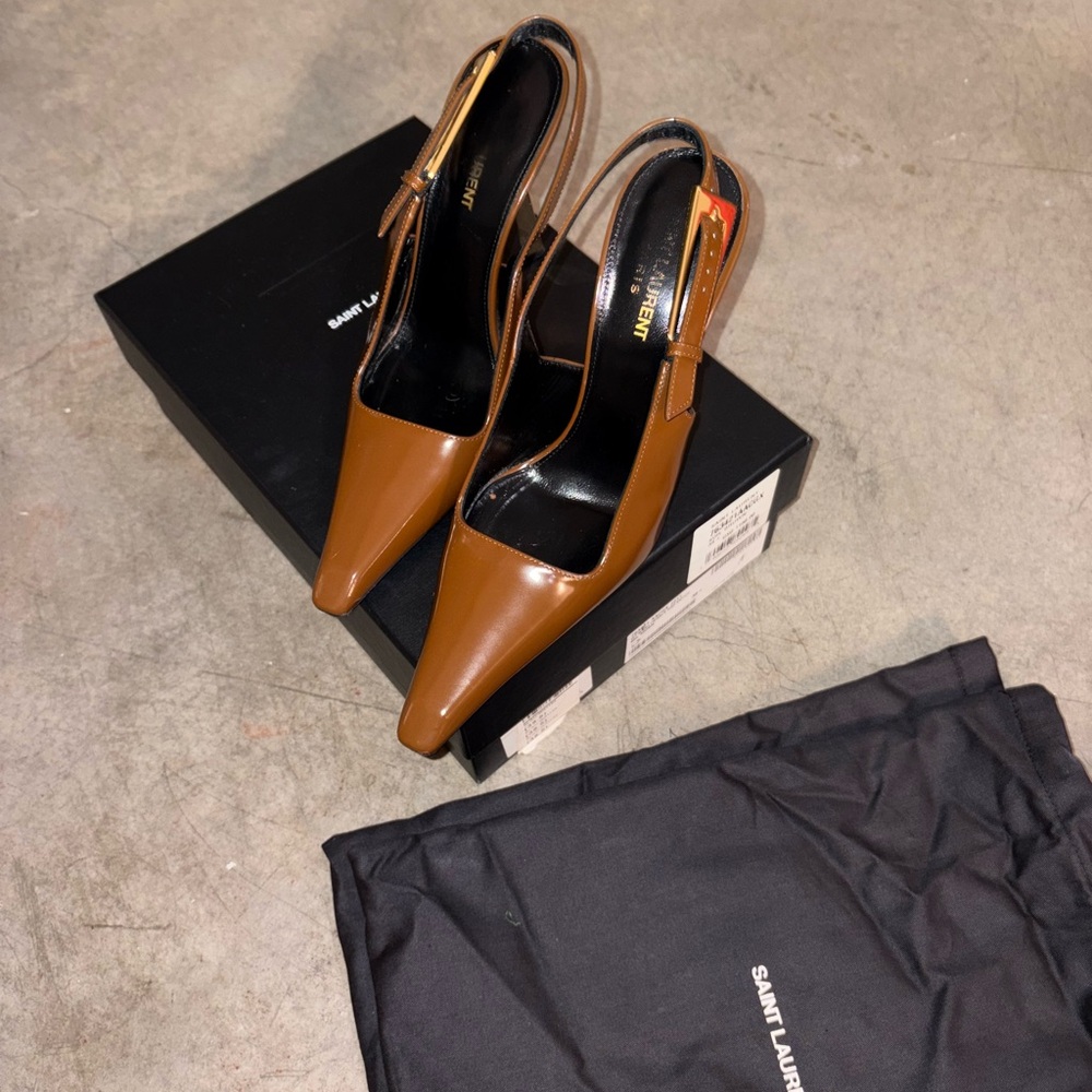 Saint Laurent Tan Stiletto Slingback Heels - Picture 3 of 8